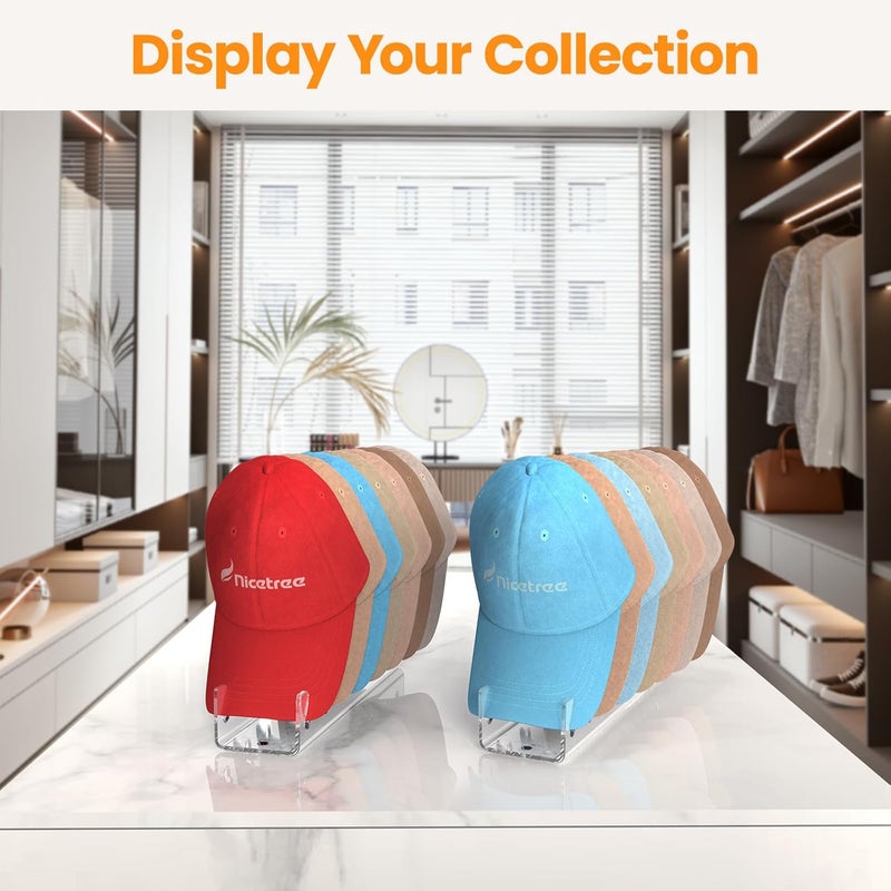 Nicetree منظم قبعات البيسبول، 2 قطعة بدون تركيب رفوف قبعات أكريليك لتخزين 14 قبعة بيسبول، حامل قبعات لعرض القبعات وتنظيمها للدرج، غرفة النوم، الخزانة، المكتب - Image 5